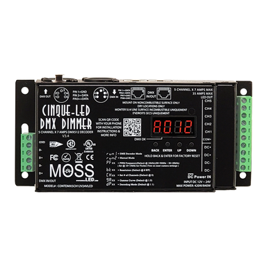 MossLED Cinque-LED DMX Dimmer V3.4 5-channel 7A DMX512 decoder front view with LED display green terminal blocks and control buttons