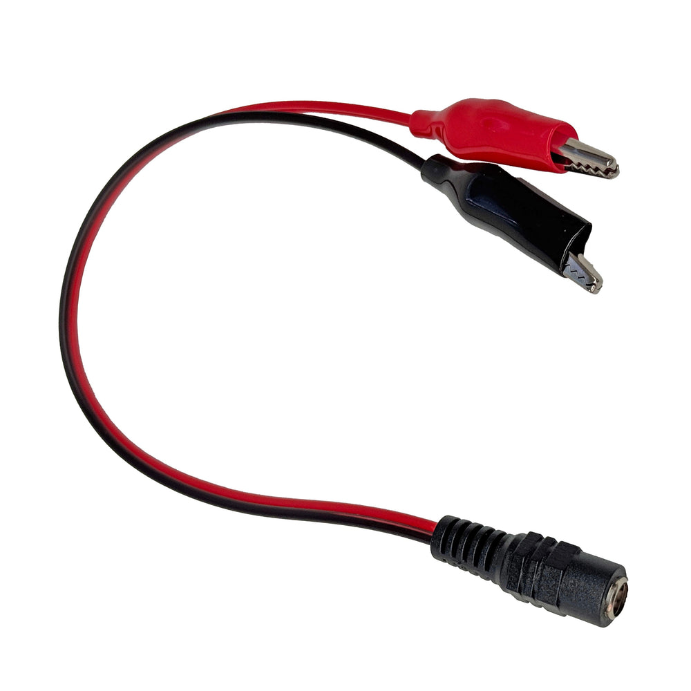 Moss LED DC cable to alligator clips 5.5x2.1mm DC female jack connector with red and black wires to red and black alligator clips white background