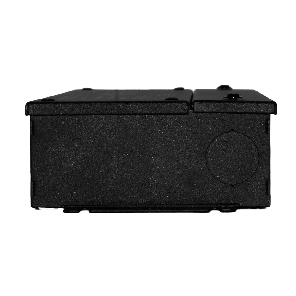 Moss LED FFDCV-24200-DDWJ flicker-free dimmable constant voltage LED driver 200W 24V in black junction box enclosure closed front angle view with circular knockout on white background