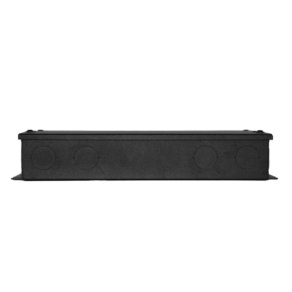 Moss LED FFDCV-24200-DDWJ flicker-free dimmable constant voltage LED driver 200W 24V in black junction box enclosure front side view showing circular cable knockouts on white background