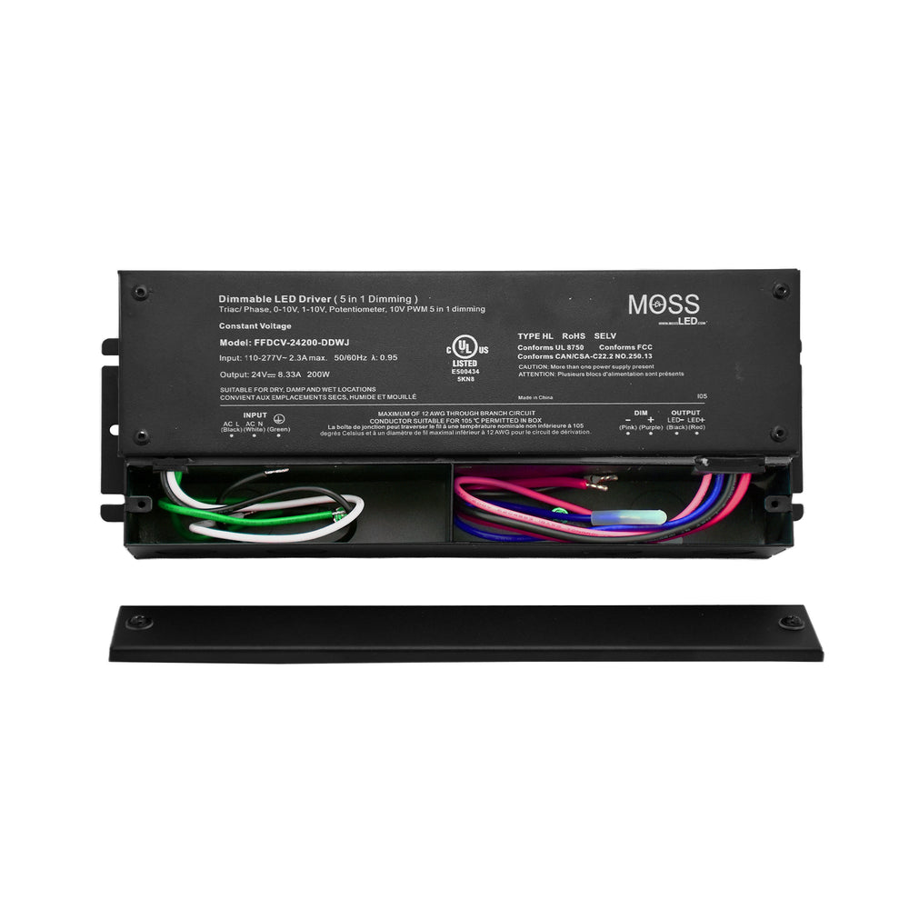 Moss LED FFDCV-24200-DDWJ flicker-free dimmable constant voltage LED driver 200W 24V junction box open showing internal driver unit with specifications label UL certification Moss LED branding and color-coded input output wiring on white background