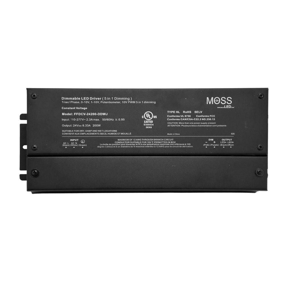 Moss LED FFDCV-24200-DDWJ flicker-free dimmable constant voltage LED driver 200W 24V junction box closed top view showing specifications label with Moss LED branding UL certification and technical details on white background