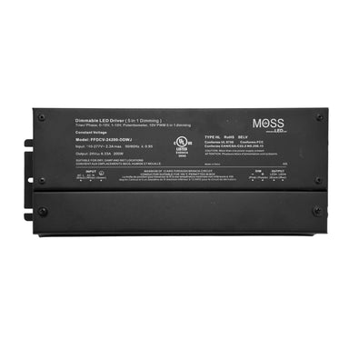 Moss LED FFDCV-24200-DDWJ flicker-free dimmable constant voltage LED driver 200W 24V junction box closed top view showing specifications label with Moss LED branding UL certification and technical details on white background