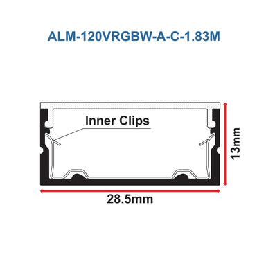 Moss LED FlexLED 120 VDC RGBW LED flat aluminum channel cross-section spec diagram 28.5mm wide 13mm tall inner clips