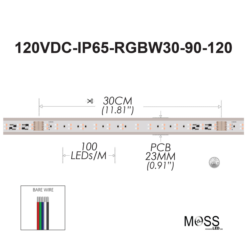 Moss LED FlexLED 120 VDC RGBW LED spec diagram 100 LEDs per meter 23mm PCB 30cm cut interval bare wire