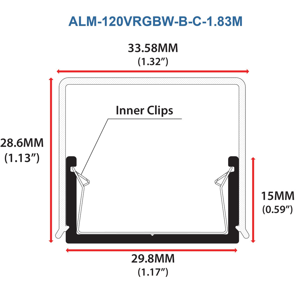 Moss LED FlexLED 120 VDC RGBW LED square aluminum channel cross-section spec diagram 33.58mm wide 28.6mm tall inner clips
