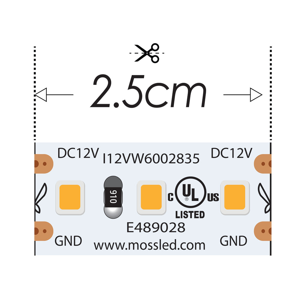 Moss LED FlexLED 120 White 12V 2700K 2.5cm cut segment close-up showing warm white LED chips