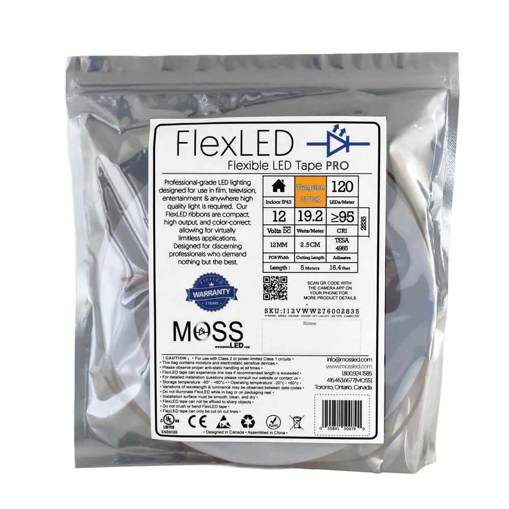 Moss LED FlexLED 120 White 12V 2700K Tungsten retail packaging bag showing FlexLED PRO label with 120 LED per metre 19.2W CRI95 specs