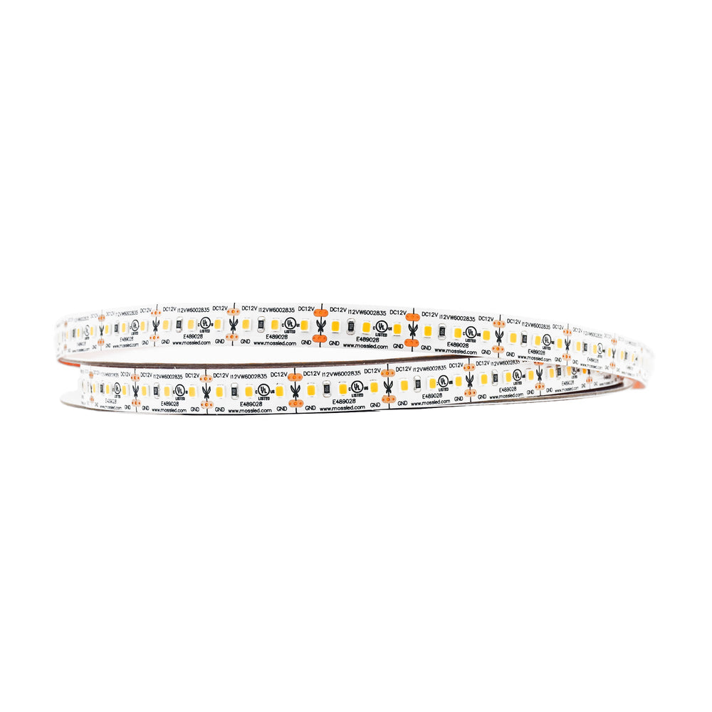 Moss LED FlexLED 120 White 12V 2700K 120 LED per metre uncoiled strip flat view showing warm white LED chips white background