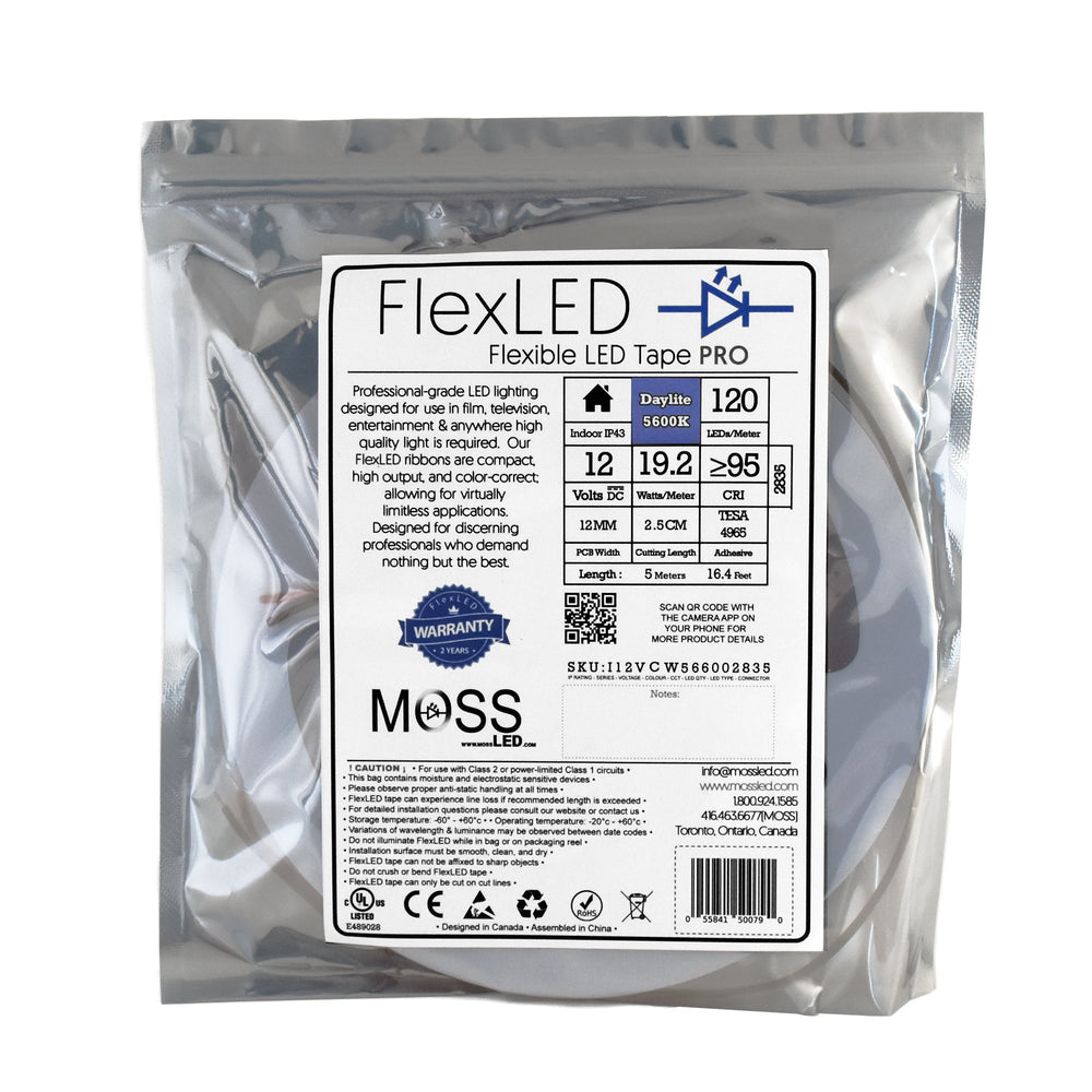 Moss LED FlexLED 120 White 12V 5600K Daylight retail packaging bag showing FlexLED PRO label with 120 LED per metre 19.2W CRI95 specs