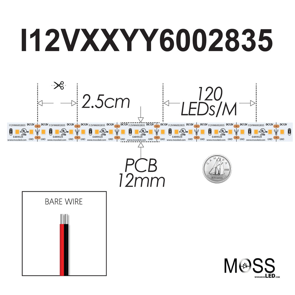 Moss LED FlexLED 120 White 12V spec diagram showing 2.5cm cut interval 120 LED per metre 12mm PCB and bare wire leads