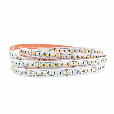 Close-up view of MossLED FlexLED 120 White 24V flexible LED tape strip with warm and cool white SMD LEDs on white PCB