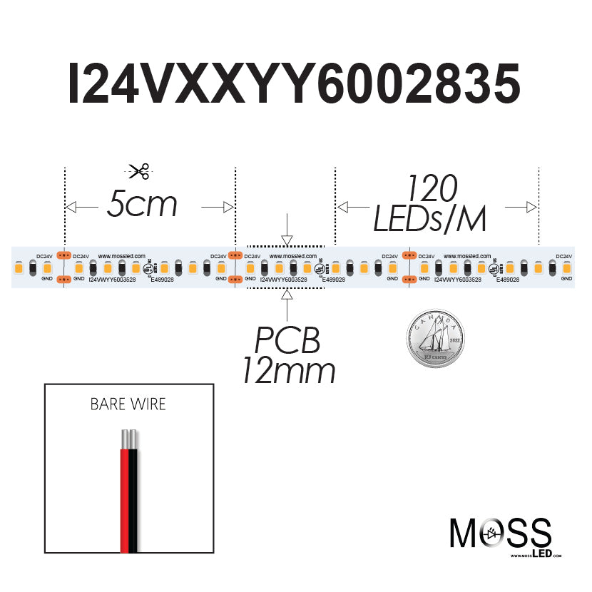 Technical drawing of MossLED FlexLED 120 White 24V showing 5cm cutting length, 120 LEDs per meter, 12mm PCB width, and bare wire connector detail