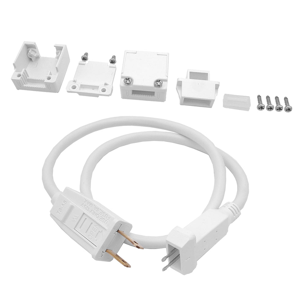 Moss LED FlexLED 120 VAC White LED end cap complete kit with components and 60CM male plug cable white background