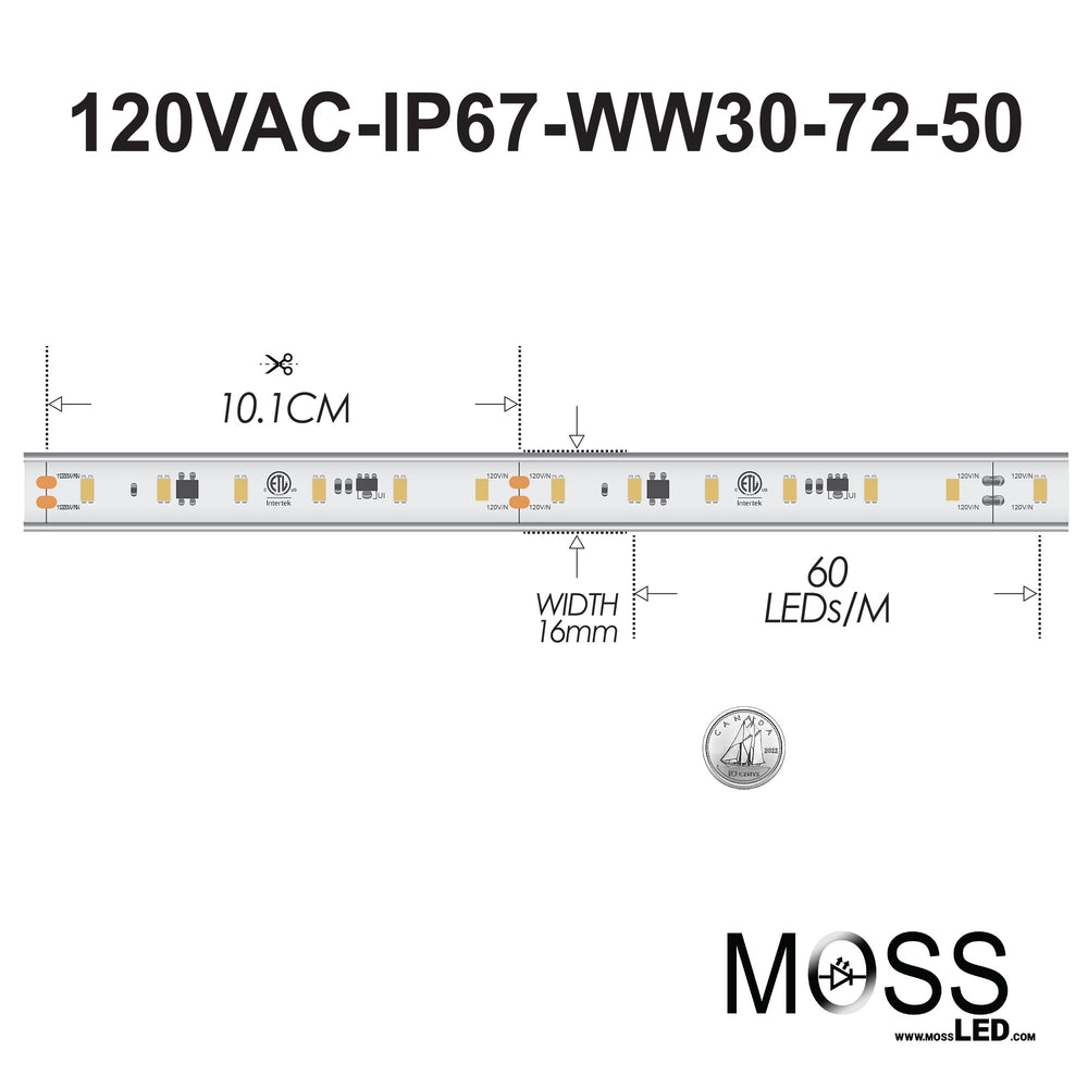 Moss LED FlexLED 120VAC white LED spec diagram 60 LEDs per meter 10.1cm cut interval 16mm width warm white