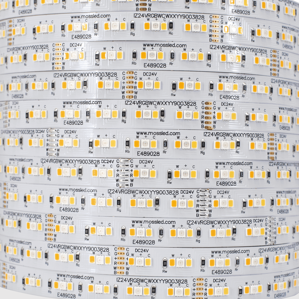 Moss LED FlexLED 180 RGB+WW+CW 24V close-up coiled reel 5-in-1 RGBWCW chip detail white PCB