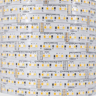 Moss LED FlexLED 180 RGB+WW+CW 24V close-up coiled reel 5-in-1 RGBWCW chip detail white PCB