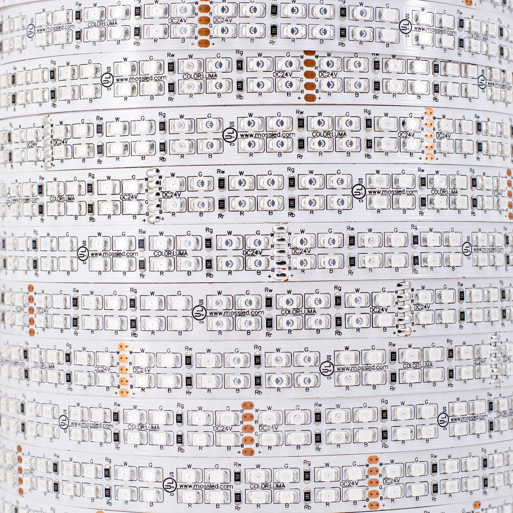 Moss LED FlexLED 240 RGBA 24V extreme close-up showing individual RGBA LED diodes on white PCB with component markings mossled branding and orange cut marks