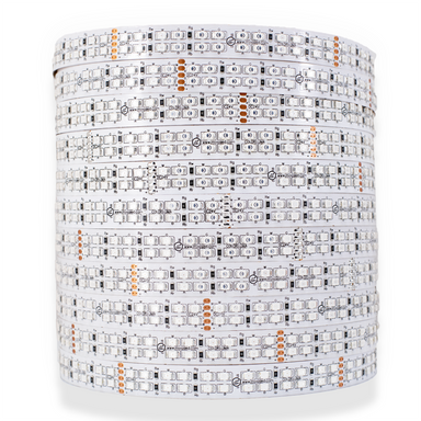 Moss LED FlexLED 240 RGBA 24V Individual Diodes LED strip on spool close-up showing white PCB with RGBA LED chips and orange cut marks white background