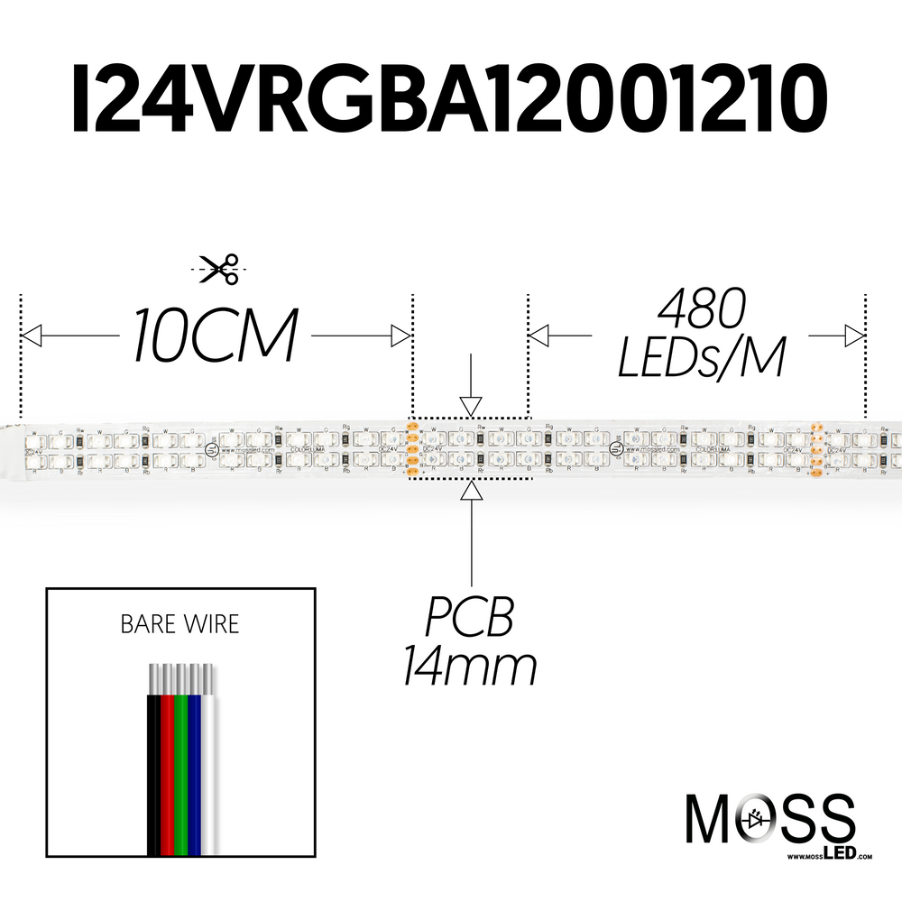Moss LED FlexLED 240 RGBA 24V technical drawing spec sheet showing 10CM cutting length 480 LEDs per meter 14mm PCB width bare wire diagram with RGBW wires and Moss LED logo white background