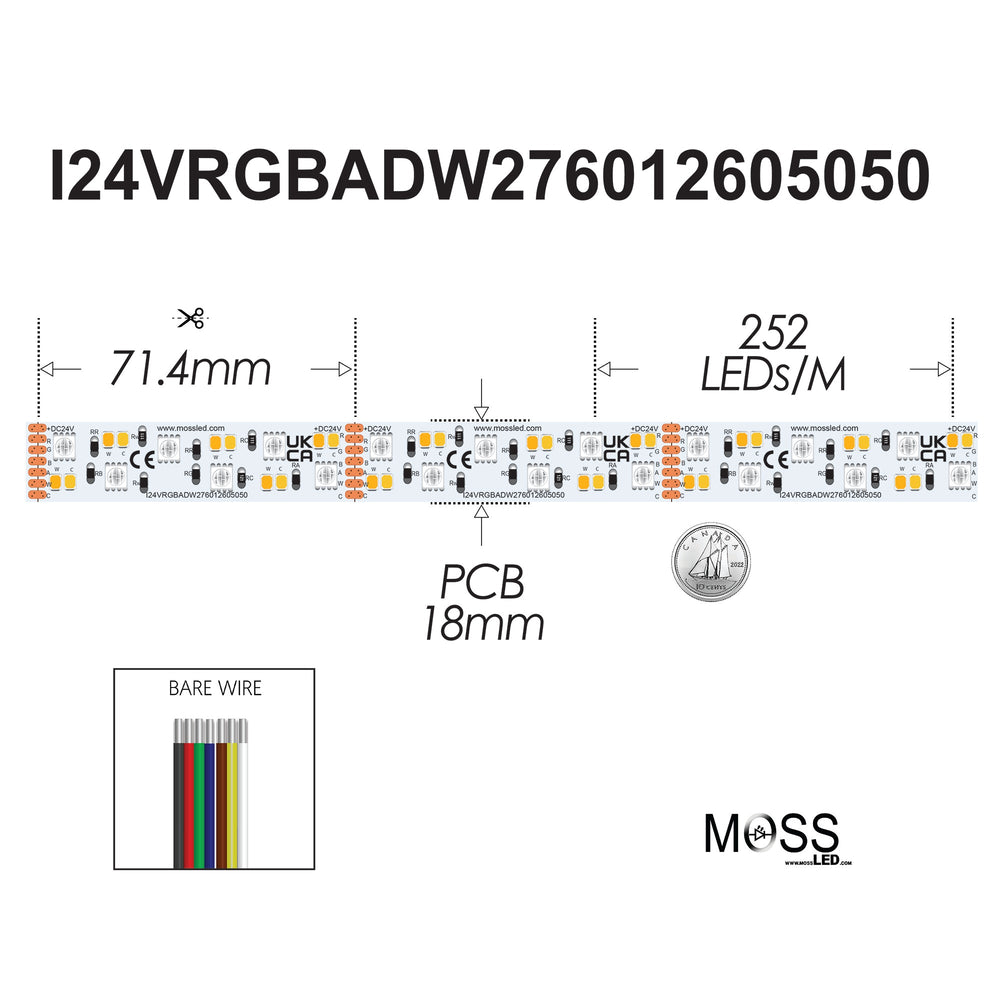 Moss LED FlexLED 252 RGBA+WW+CW 24V – spec drawing showing 18mm PCB, 71.4mm cut points, 252 LED/m, bare wire termination