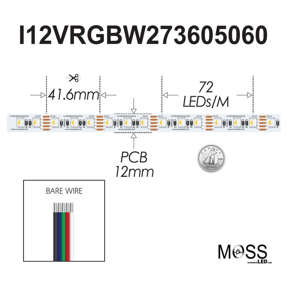 Moss LED FlexLED 72 RGB White AIO All-In-One 12V spec diagram 41.6mm cut length 72 LEDs per metre 12mm PCB bare wire