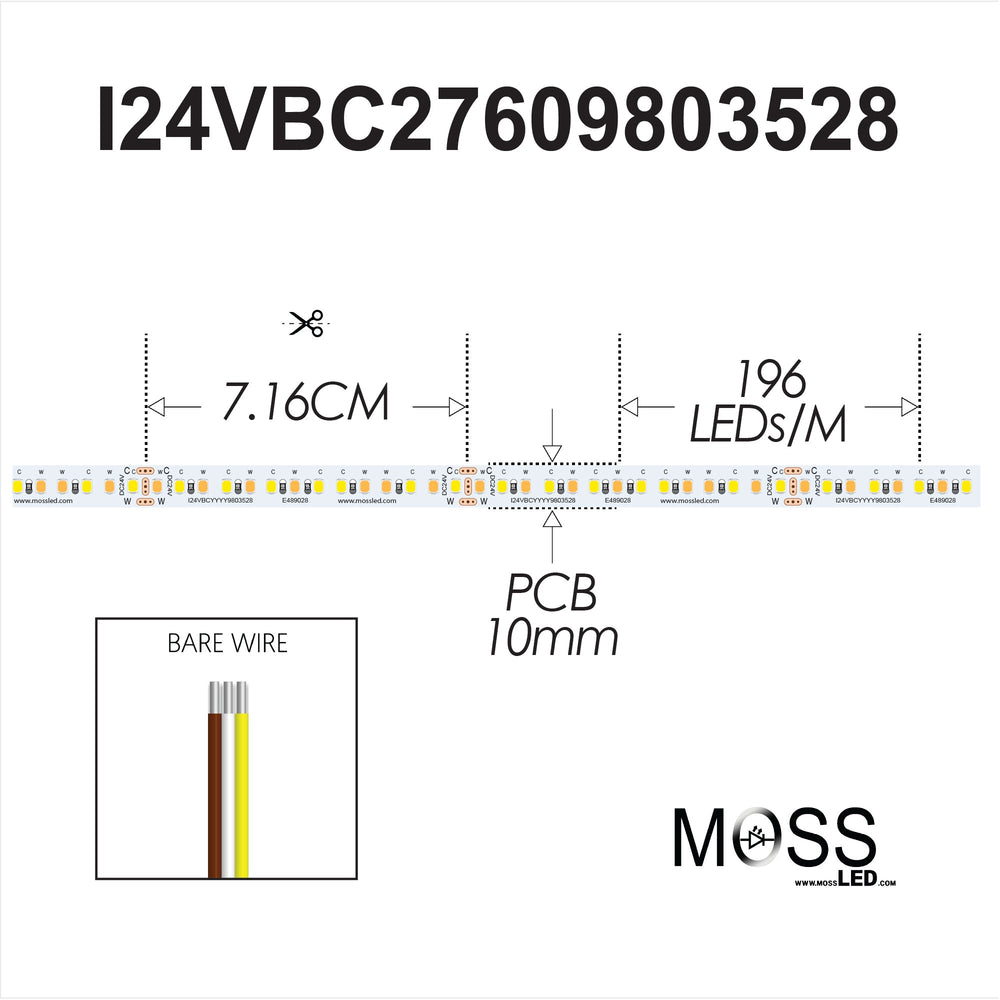 Moss LED FlexLED Bi-Color 2700K 6000K 24V CCT Adjustable spec diagram showing 7.16cm cut interval 196 LED per metre 10mm PCB and bare wire leads