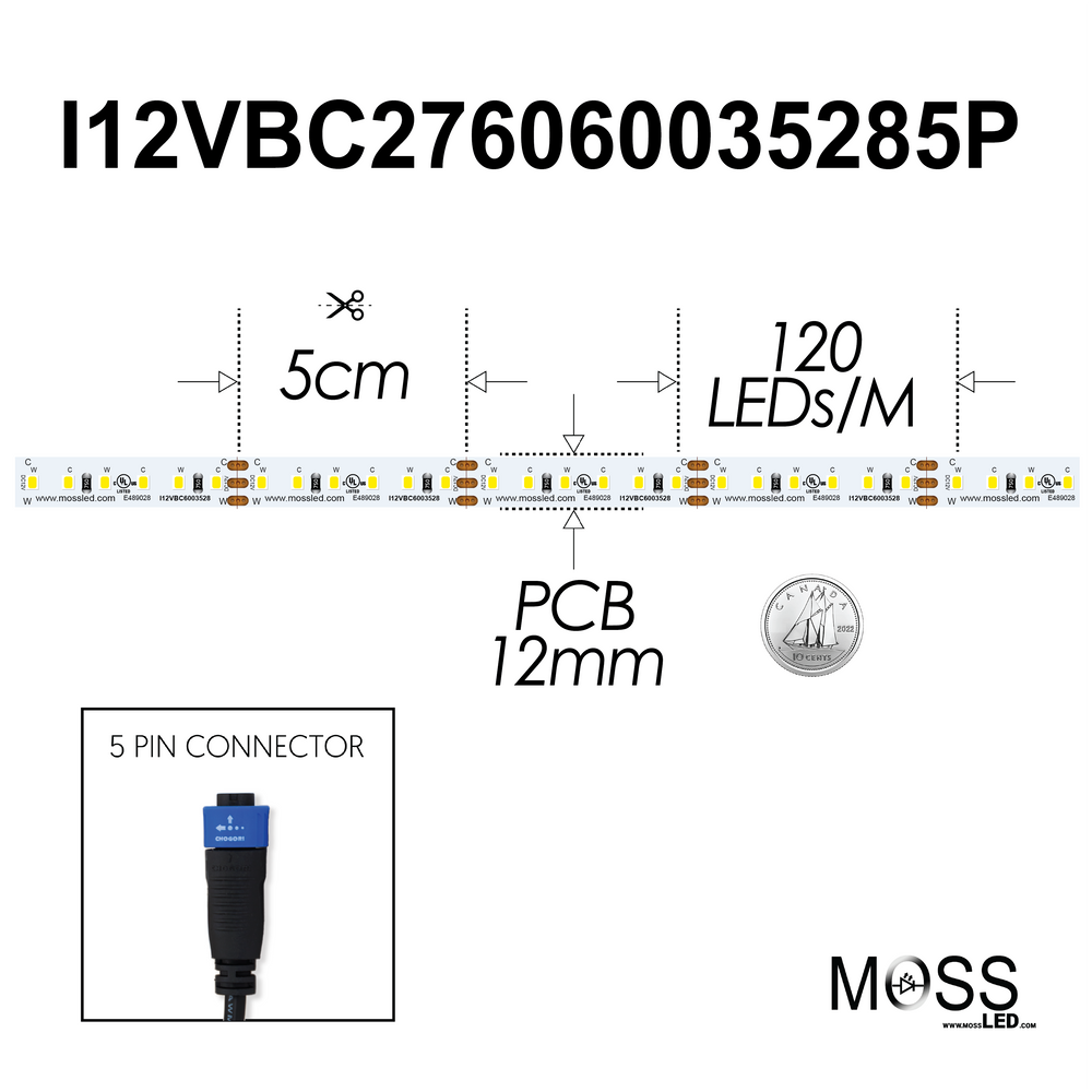 Moss LED FlexLED Bi-Colour 2700K-6000K 12V CCT Adjustable spec diagram showing 5cm cut interval 120 LED per metre 12mm PCB and 5 pin connector