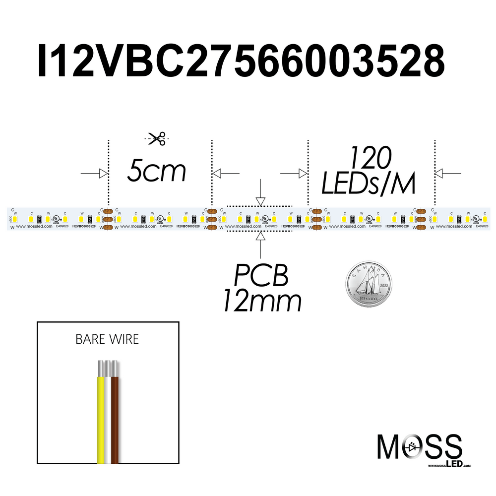 Moss LED FlexLED Bi-Colour 2700K-6000K 12V CCT Adjustable spec diagram showing 5cm cut interval 120 LED per metre 12mm PCB bare wire version