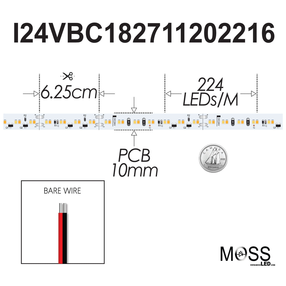 Moss LED FlexLED Bi-Colour 24V spec drawing showing 224 LEDs per meter 6.25cm cut length 10mm PCB width bare wire connection