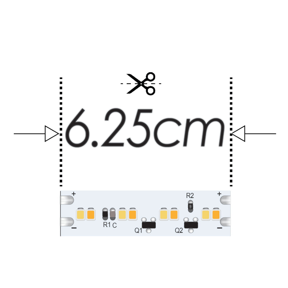 Moss LED FlexLED Bi-Colour 24V close-up showing 6.25cm cut interval with scissors icon and PCB detail with warm and cool white LED components