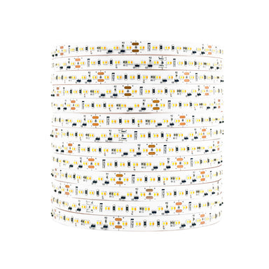 Moss LED FlexLED Bi-Colour 24V LED strip coiled reel unlit showing white PCB with warm and cool white LED components on white background