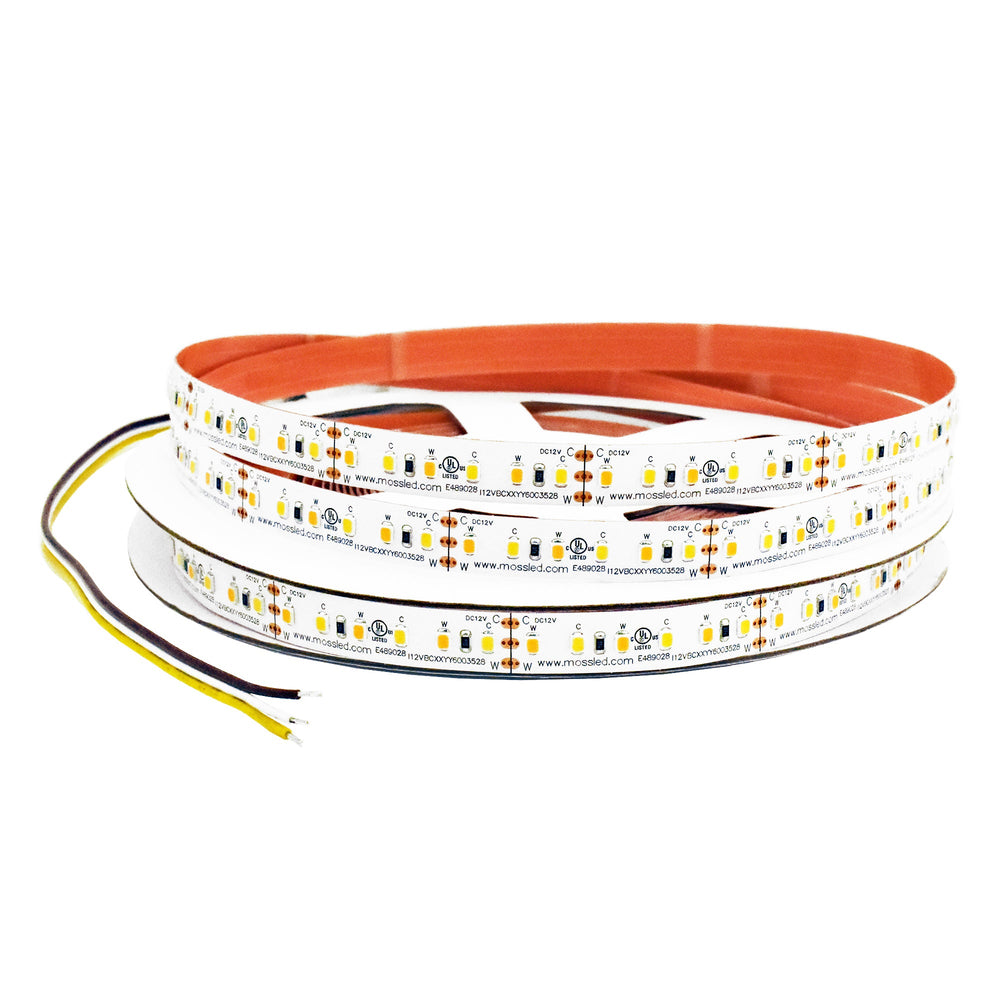 Moss LED FlexLED Bi-Colour 2700K-5600K 12V CCT LED strip coiled reel with lead wires on white background