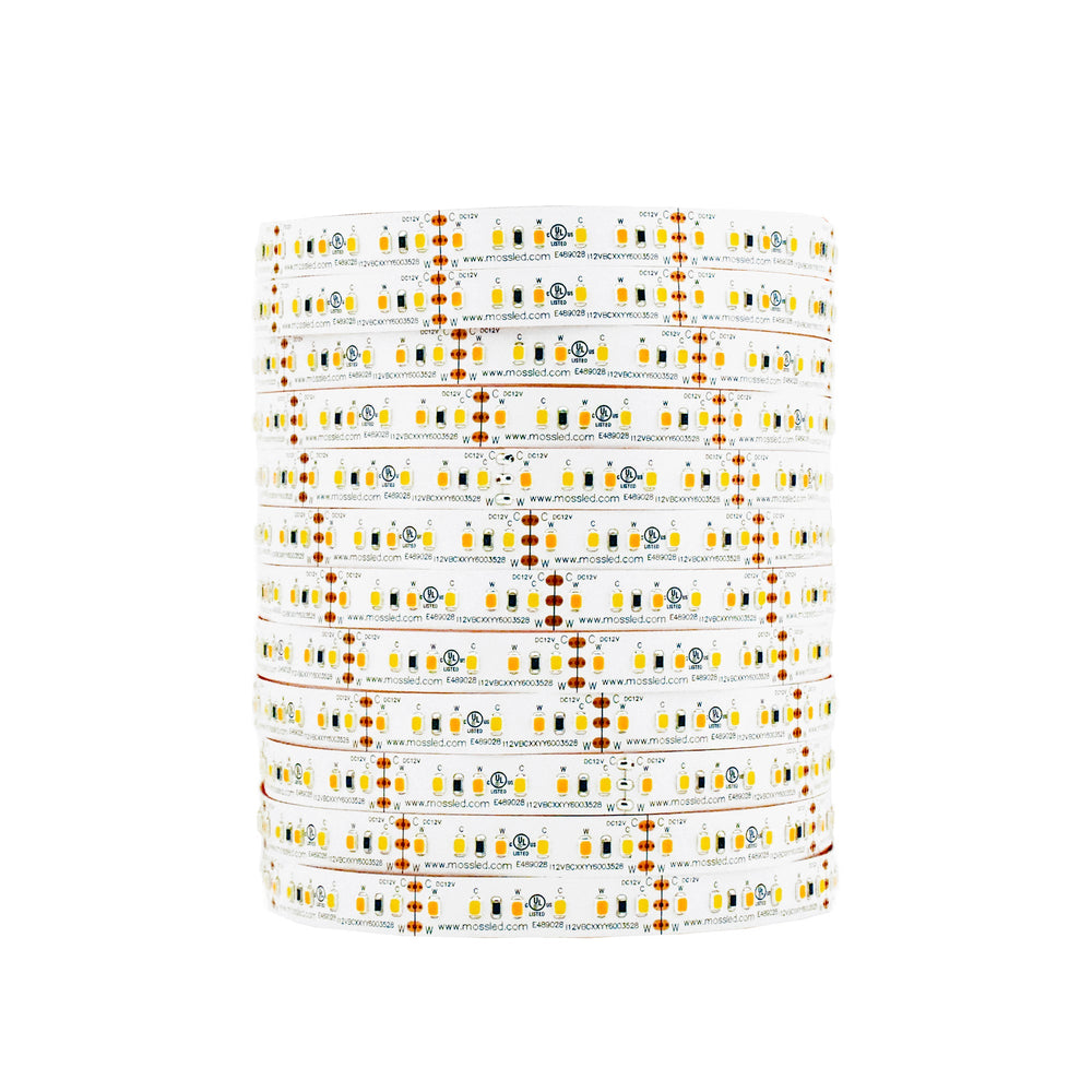 Moss LED FlexLED Bi-Colour 2700K-5600K 12V CCT adjustable LED strip coiled reel, unlit, on white background