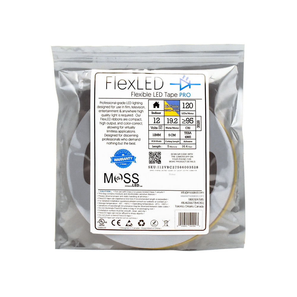 Moss LED FlexLED Bi-Colour 2700K-5600K 12V CCT LED strip retail packaging bag showing product label with 120 LEDs per meter and CRI 95 specifications