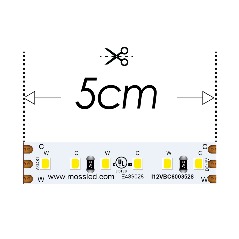 Moss LED FlexLED Bi-Colour 2700K-5600K 12V CCT LED strip specification drawing showing 5cm cut interval with alternating cool and warm white LEDs