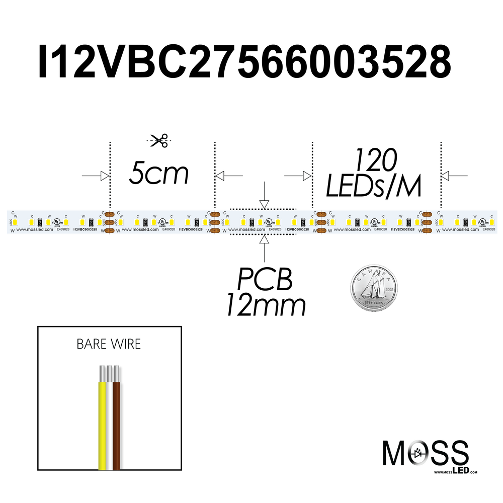 Moss LED FlexLED Bi-Colour 2700K-5600K 12V CCT LED strip specification drawing showing dimensions, bare lead wires, and quarter coin scale reference