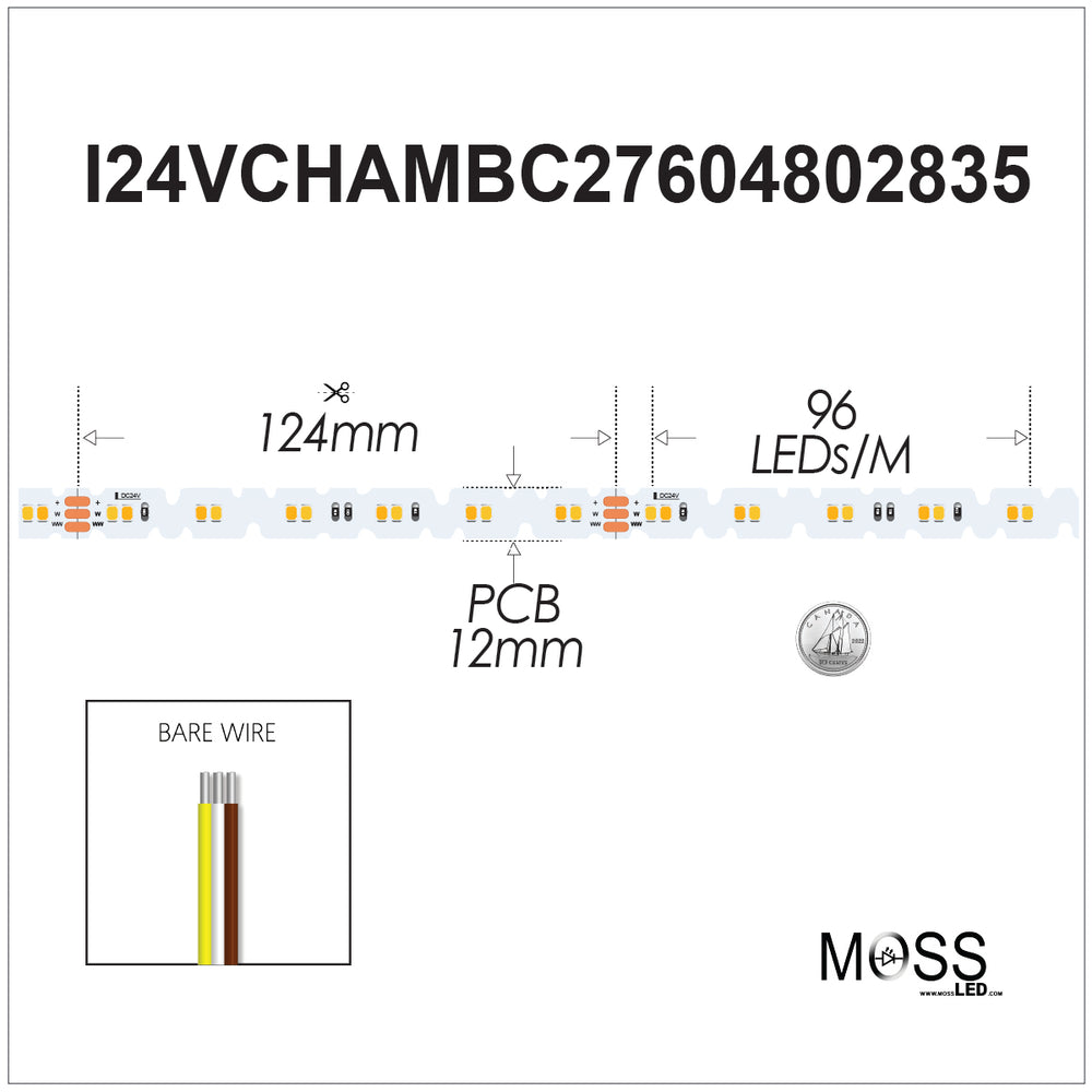 Moss LED FlexLED Chameleon 24V Fully Bendable BiColor tunable white 2700K-6000K – spec drawing, 96 LED/m, 12mm PCB, 124mm cut interval, bare wire, SMD 2835