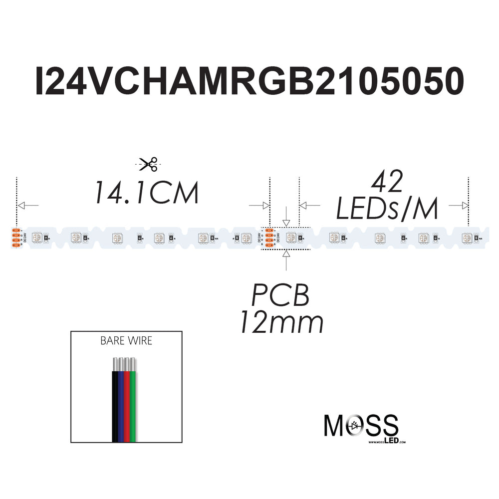 Moss LED FlexLED Chameleon 24V Fully Bendable RGB – spec drawing, 42 LED/m, 12mm PCB, 14.1cm cut interval, bare wire, SMD 5050