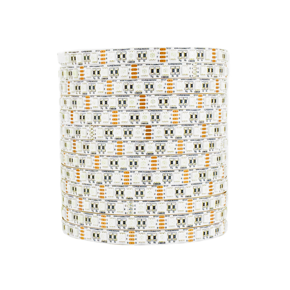 Moss LED FlexLED RGB 12V 72 LED per metre coiled reel showing RGB 5050 LED chips on white background