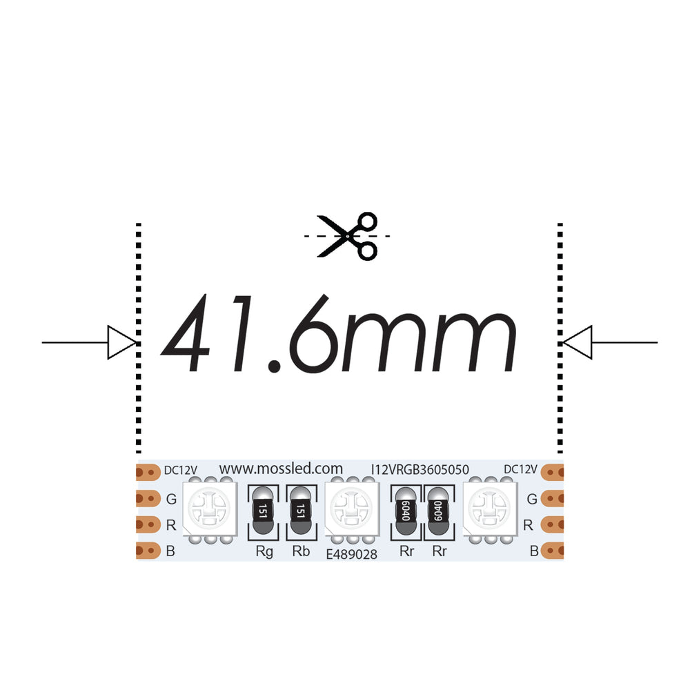 Moss LED FlexLED RGB 12V spec diagram showing 41.6mm cut interval with RGB 5050 LED chips
