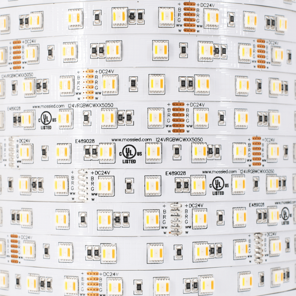 Moss LED FlexLED RGB+WW+CW 24V All-In-One Diode 5050 chip strip close-up RGB warm and cool white LEDs white background