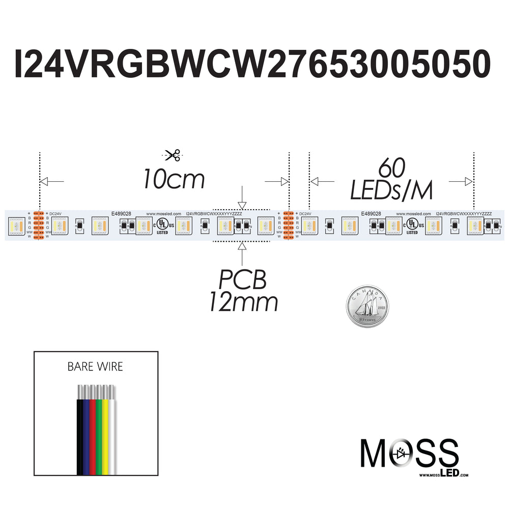 Moss LED FlexLED RGB+WW+CW 24V All-In-One Diode spec diagram 10cm cut interval 60 LED per meter 12mm PCB bare wire