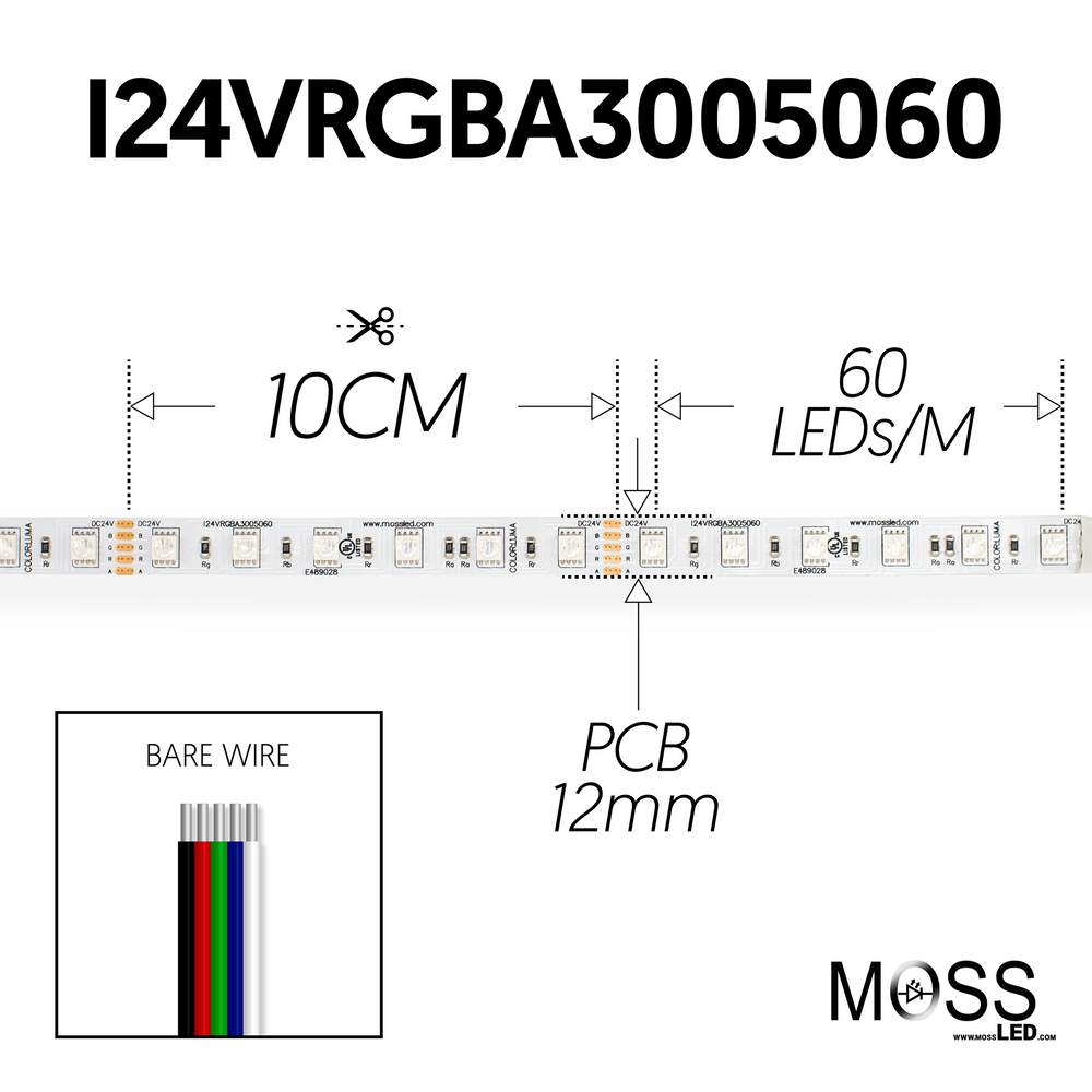Moss LED FlexLED 60 RGBA 24V All-In-One Diode – spec drawing, 60 LED/m, 12mm PCB, 10cm cut interval, 5-wire bare wire, SMD 5060