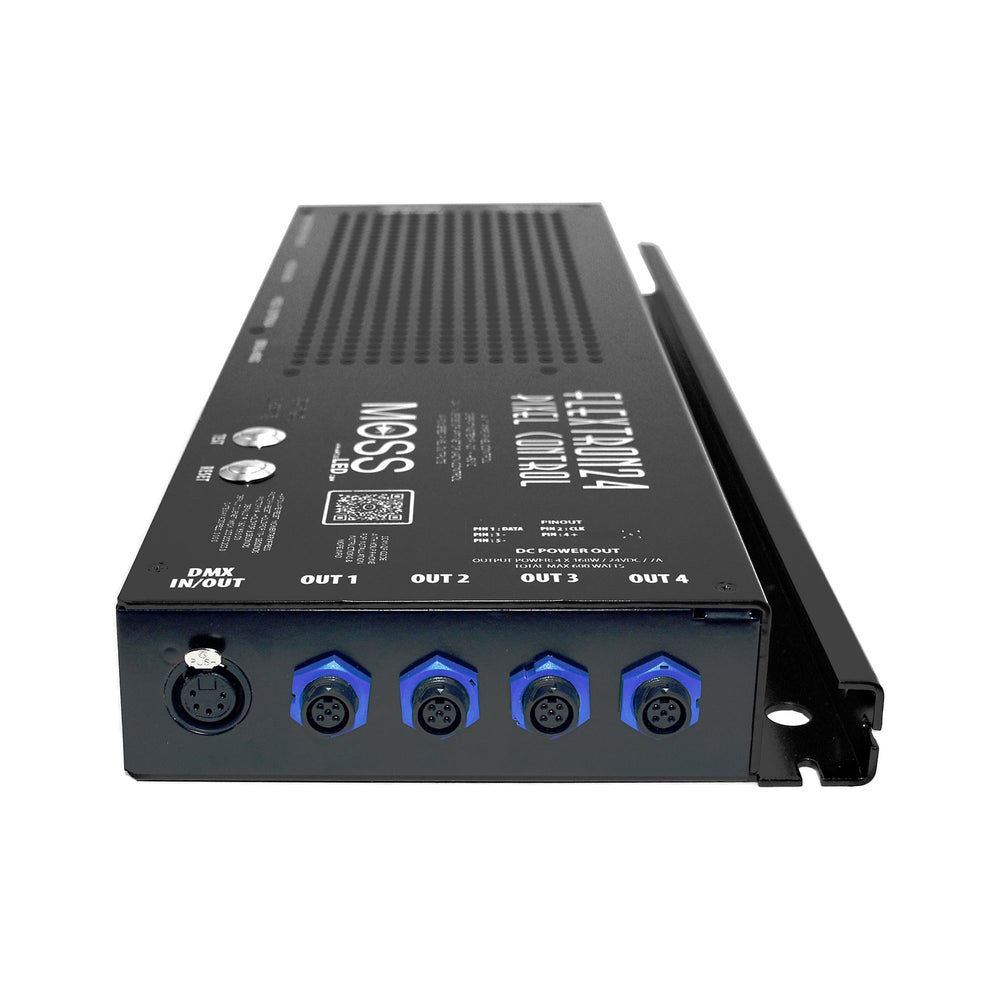 Moss LED FlexTron 24 Pixel Controller front output panel angle view showing DMX IN OUT connector four blue 5-pin output ports labeled OUT 1 through 4 DC power out and Moss LED branding white background