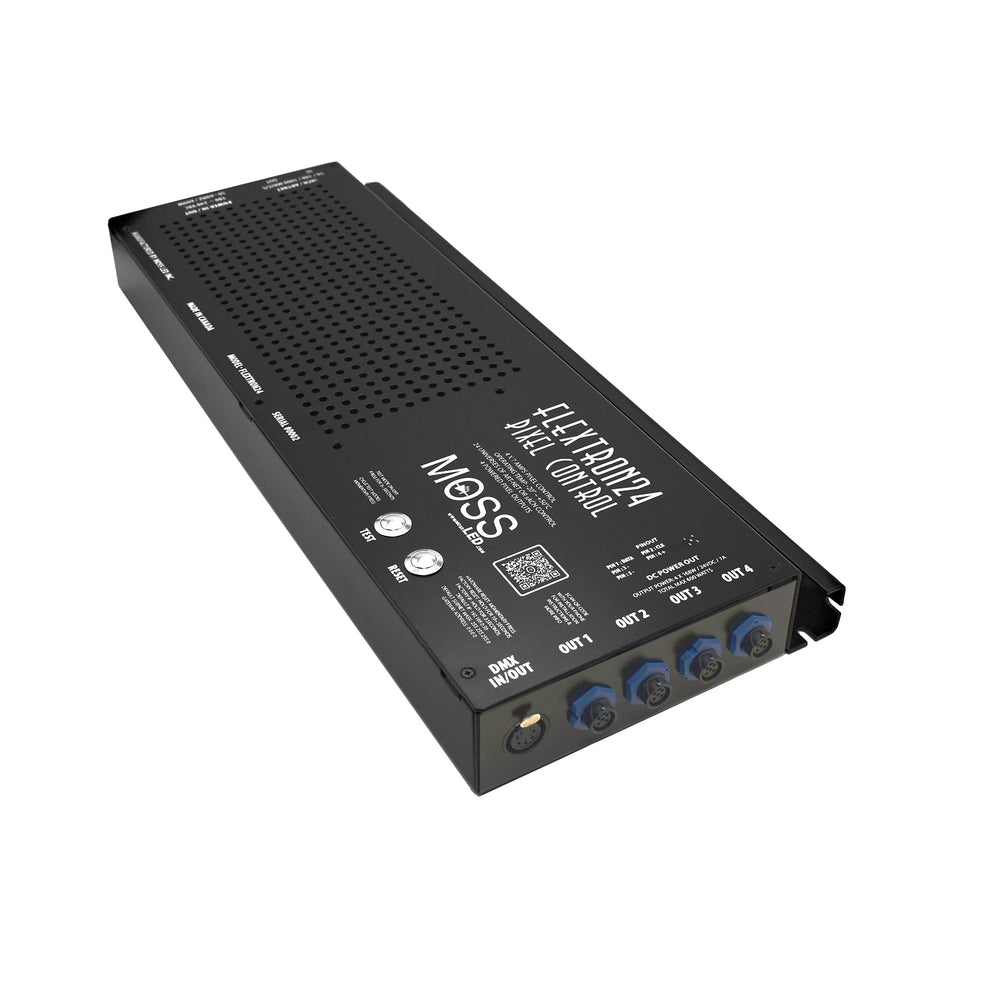 Moss LED FlexTron 24 Pixel Controller high angle view showing full unit with FlexTron24 branding Moss LED logo ventilation holes DMX connector four blue output ports and QR code white background