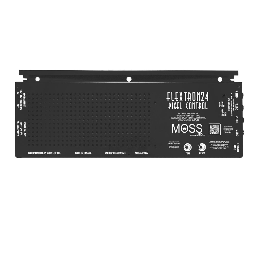 Moss LED FlexTron 24 Pixel Controller top view black enclosure with FlexTron24 Pixel Control branding Moss LED logo QR code test and reset buttons output ports Made in Canada white background