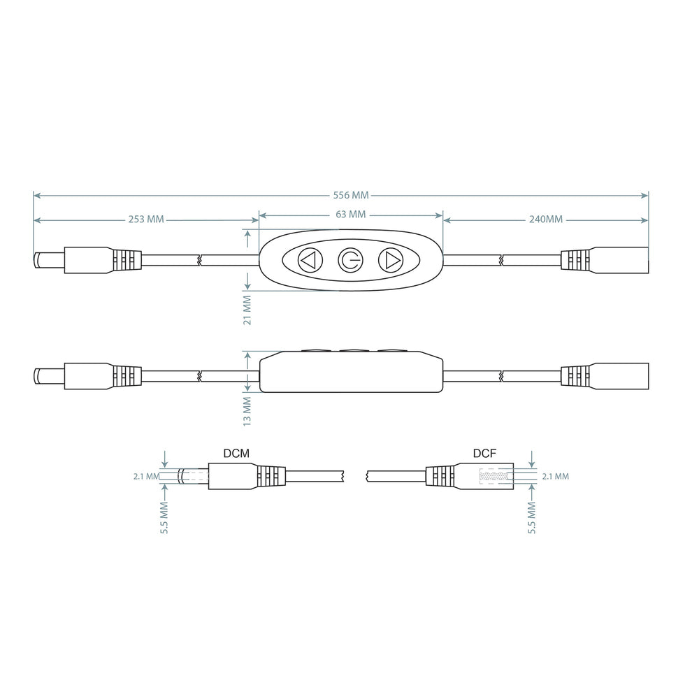Moss LED Flicker Free In-Line 12VDC to 24VDC Dimmer technical drawing showing dimensions 556mm total length top view side view and DCM DCF connector detail specs white background
