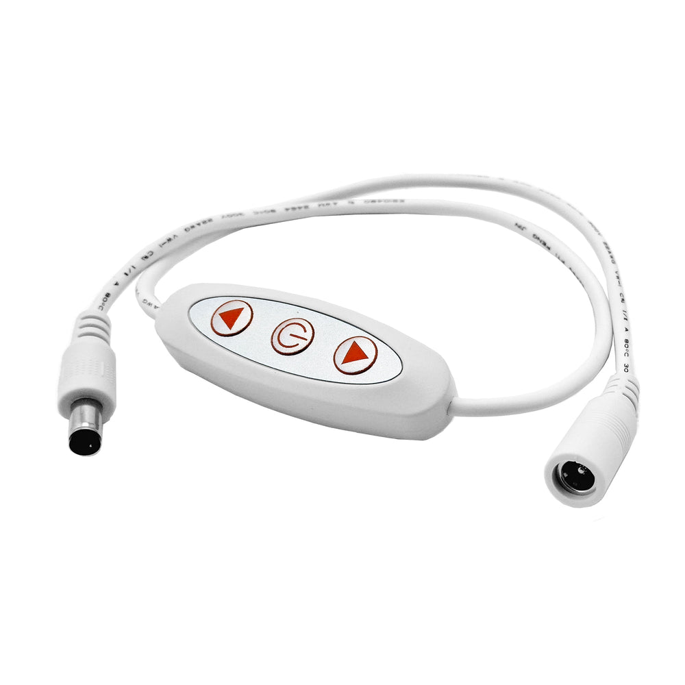 Moss LED Flicker Free In-Line 12VDC to 24VDC Dimmer white inline controller with orange dim down power and dim up buttons DC barrel connectors white cable white background