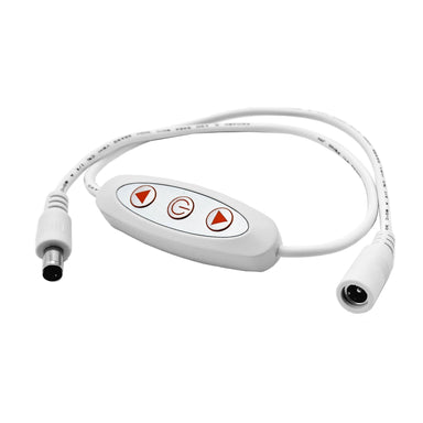 Moss LED Flicker Free In-Line 12VDC to 24VDC Dimmer white inline controller with orange dim down power and dim up buttons DC barrel connectors white cable white background